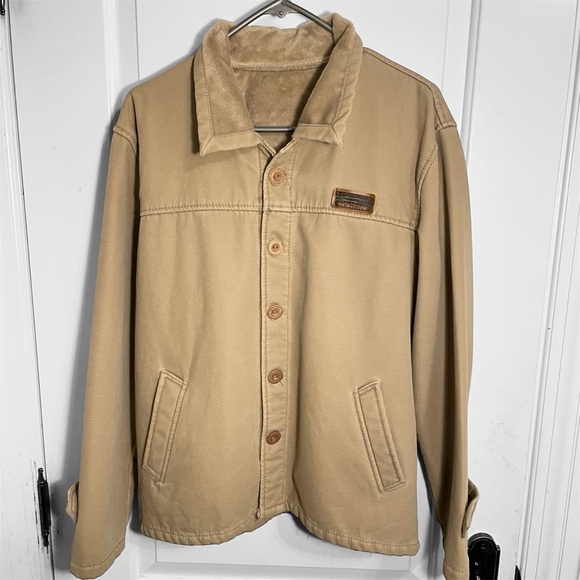 Men's Tan Jacket with faux-fur lining button up size large - Picture 7 of 8